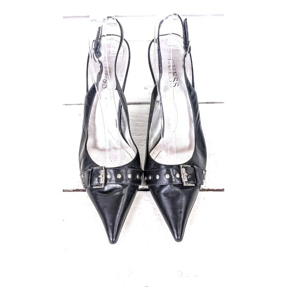 Guess black leather high heel pointy studded buckle sling back stiletto pumps 7M - Picture 2 of 7